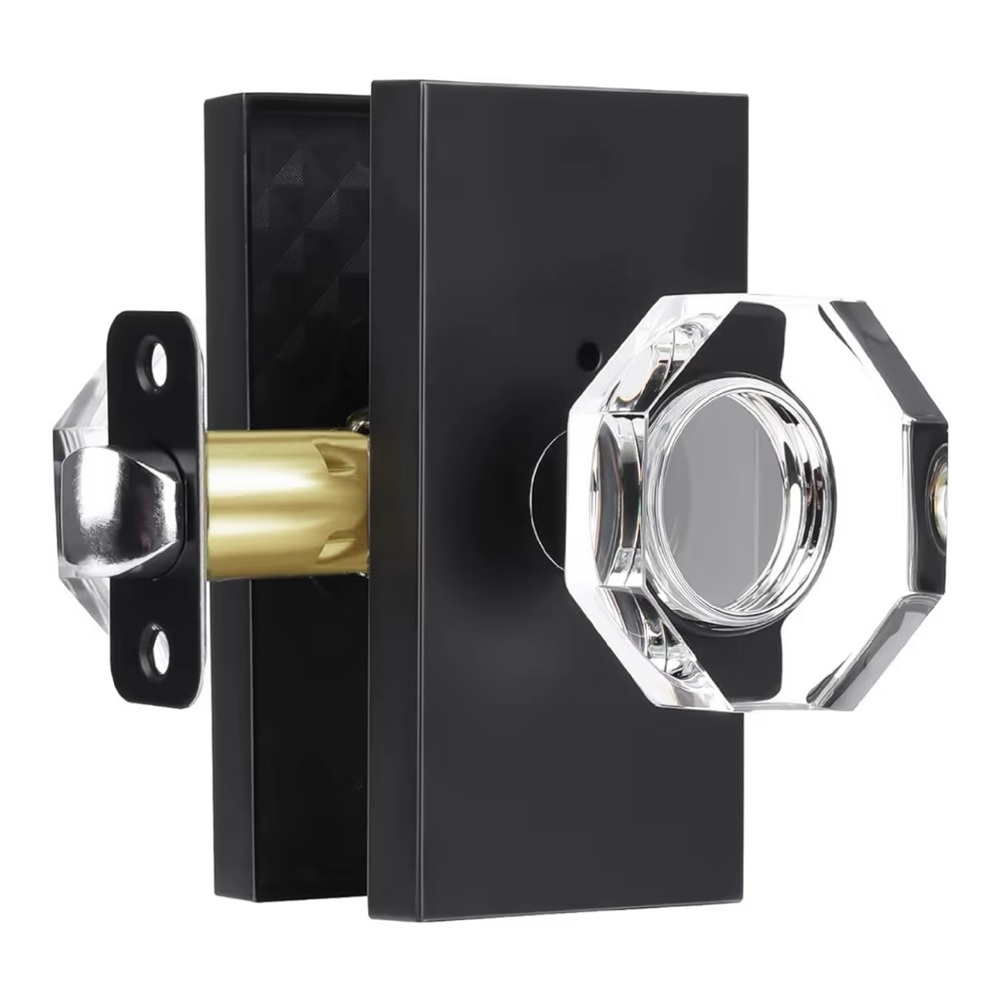 Matte Black Clear Glass Crystal Door Knobs Interior Lock, Octagon Modern NEW
